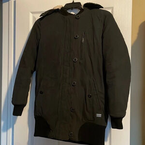 American Eagle women’s black faux fur hood parka coat size medium